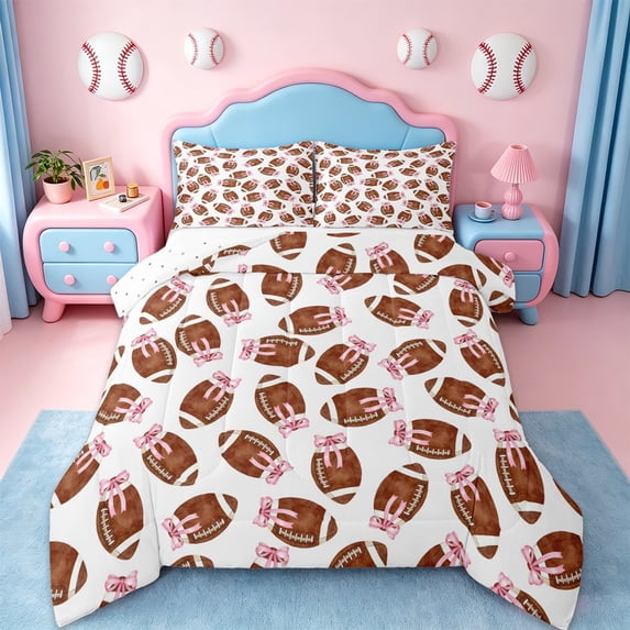 Erosebridal American Rugby Sport Full Size Comforter Sets,Cute Pink Bowknot Bedding Sets For Kids Girls,Reversible,3-Piece
