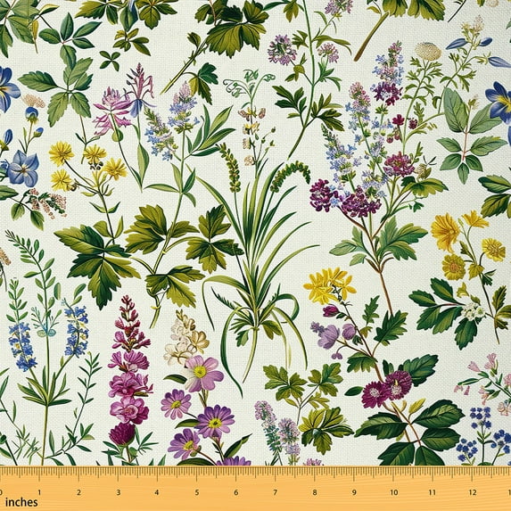 Erosebridal American Rustic Plants Fabric By The Yard, Flowers Countryard Purple Green Decorative Fabric, Mint Beige Indoor Outdoor Fabric, Hand-Drwan Upholstery Fabric, 10 Yards