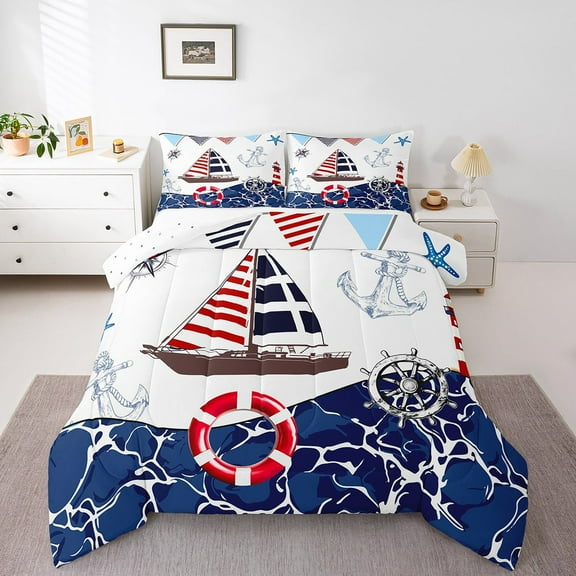Erosebridal Anchor Boat Bedding Twin Comforter Set,Nautical Compass Down Comforter,Ocean Sea Bedding Sets Twin with Comforter,Lightweight Marine Room Decoration,Reversible,3pcs