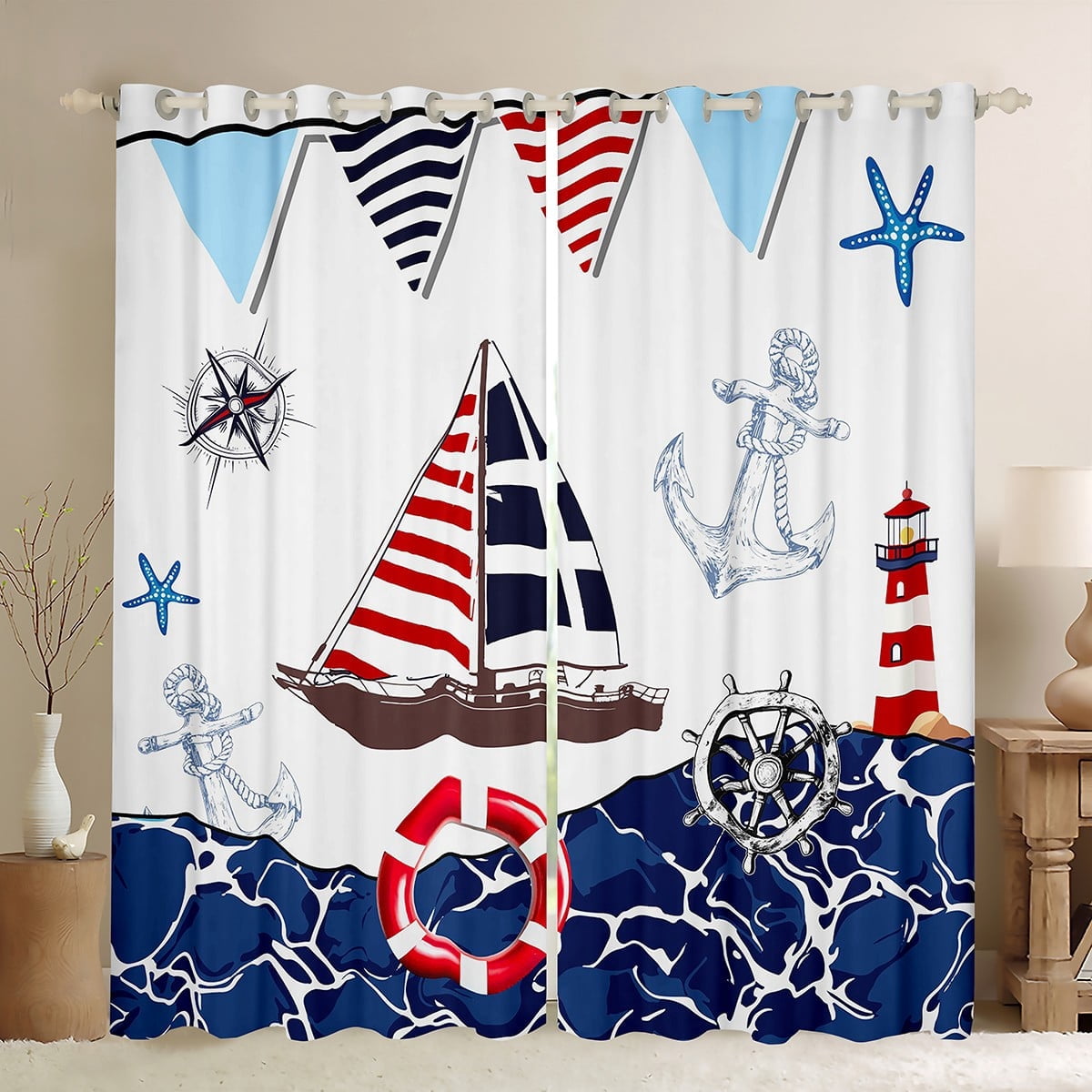 Erosebridal Anchor Boat Curtains for Living Room,Nautical Compass Blackout Curtains Set of 2 (38x45),Ocean Sea Curtains and Drapes (38x45),Marine Room Decoration