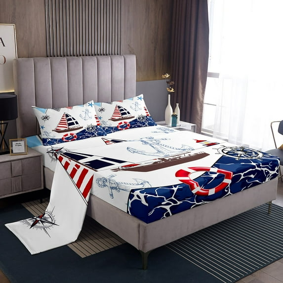 Erosebridal Anchor Boat Full Sheet Sets,Nautical Compass Bedding Full Size,Ocean Sea Bed Sheets Set Full Size,Lightweight Marine Room Decoration,4pcs