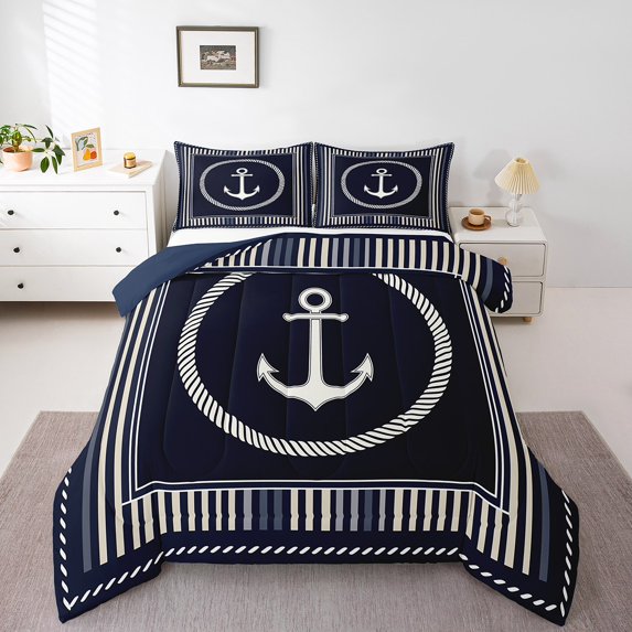 Erosebridal Anchor Decor Comforter Set King Size Ocean Nautical Themed Bedding Set Geometric Stripes Navy Blue Comforter Coastal Sea Adventure Quilt Set
