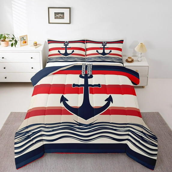 Erosebridal Anchor Decor Comforter Set Queen Size Ocean Nautical Themed Bedding Set Geometric Stripe Comforter Coastal Sea Adventure Quilt Set