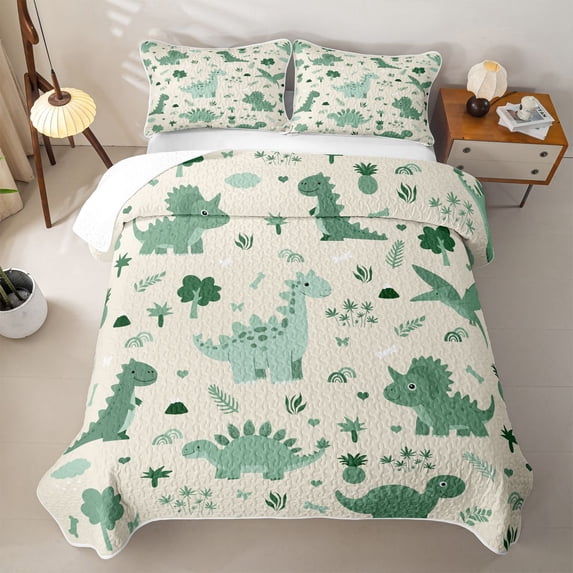 Erosebridal Ancient Cartoon Dino Bed Spread Queen,Green Tropical Botanical Leaf Queen Coverlet Set For Boys,3-Piece