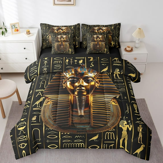 Erosebridal Ancient Egyptian Bedding Sets King Size, Egypt Pyramids History Comforter Sets with Sheets, Gold Black Home Decor, Reversible 7 Pieces