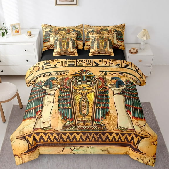 Erosebridal Ancient Egyptian Bedding Sets Queen Size, Egypt Pyramids History Comforter Sets with Sheets, Black Gold Bedroom Decor, Reversible 7 Pieces