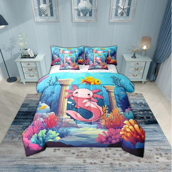 Erosebridal Animal Axolotl Bedding Sets Twin Size,Cartoon Animal Comforter Sets with Sheets,Ocean Theme Decor,Reversible,Breathable,7pcs