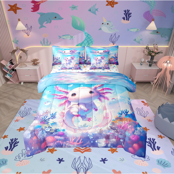 Erosebridal Animal Axolotl Bedding Sets Twin Size,Dreamy Princess Comforter Sets with Sheets,Underwater World Bed in a Bag Twin size,Ultra Soft Cartoon Room Decoration,Reversible,7-Piece