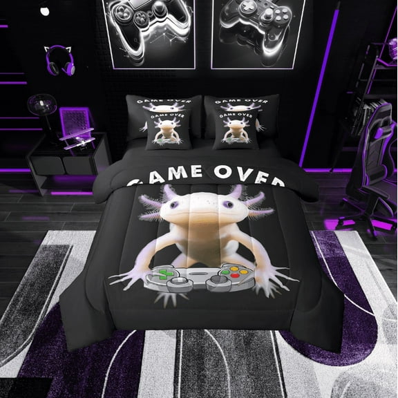 Erosebridal Animal Axolotl Bedding Sets Twin Size,Kawaii Wildlife Comforter Sets with Sheets,Grey Gamepads Bed in a Bag Twin size,Ultra Soft Video Game Room Decorative,Reversible,7pcs