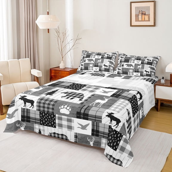 Erosebridal Animal Bears Deers Mallard Duck Full Size Sheets 4-Piece For Teens Boys,Minimalist Plaid Grid Bed Sheets,Black Grey
