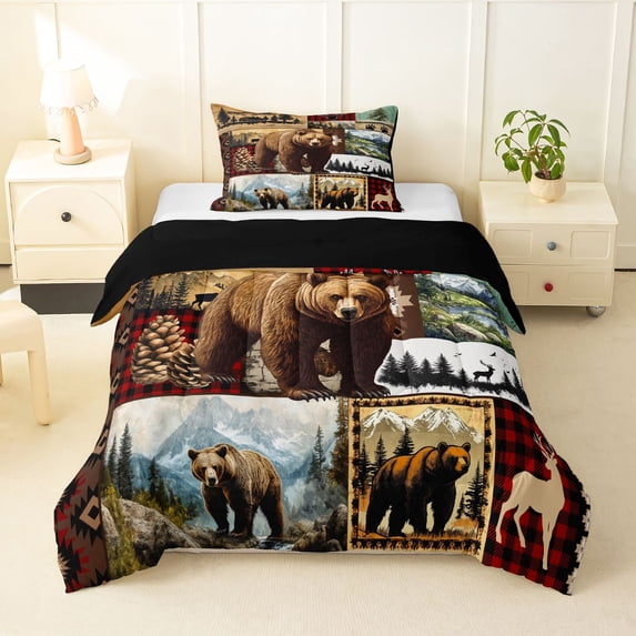 Erosebridal Animal Bears Deers Twin Comforter Sets 3-Piece For Boys Girls,Woodland Wildlife Geometric Grid Bedding Set For Teens,Black Reversible