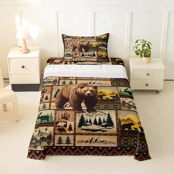 Erosebridal Animal Bears Deers Twin Sheet Sets 3pcs For Boys Girls,Woodland Wildlife Geometric Grid Bedding For Teens