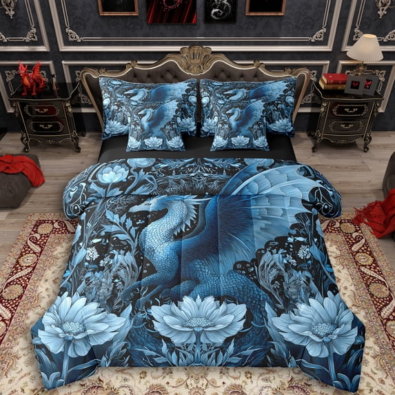Erosebridal Animal Blue Dragon Bedding Comforter Set 7-Piece For Boys Girls,Vintage Flowers King Bedding Sets For Kids Teens,Black Reversible