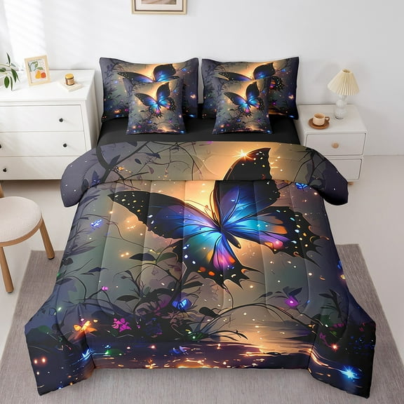 Erosebridal Animal Butterfly Bed in a Bag Full size,Starry Sky Bed Set,Botanical Plants Bedding Full Size,Ultra Soft Bling Room Decorative,Reversible,7-Piece
