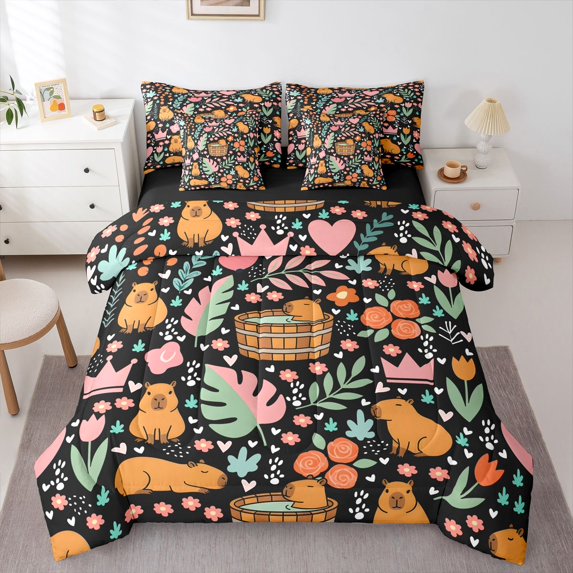 Erosebridal Animal Capybara Twin Bedding Sets 7-Piece For Boys Girls,Chic Floral Flowers Leaves Bedding Comforter Set For Kids Teens,Black Reversible