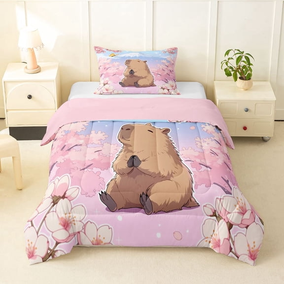 Erosebridal Animal Capybara Twin Comforter Sets 3-Piece For Boys Girls,Japanese Sakura Mount Fuji Bedding Set For Kids,Pink Reversible