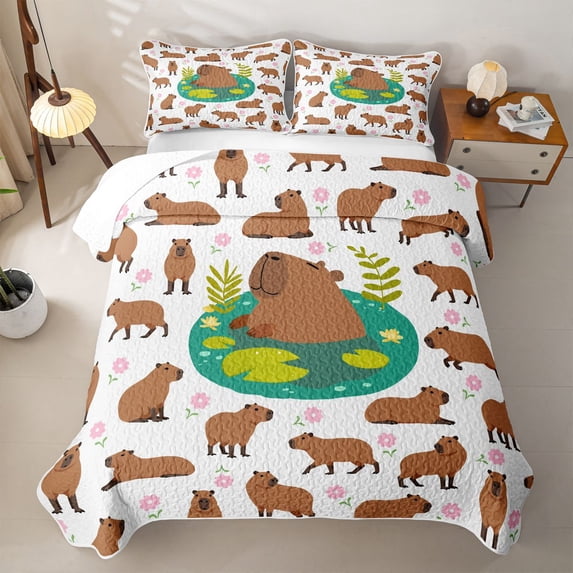 Erosebridal Animal Capybaras Quilt Full for Teens,Pink Flowers Full Bedspread Sets for Boys Girls