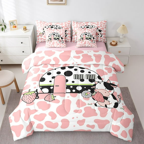 Erosebridal Animal Cow Bedding Sets Twin Size,Pink Cow Print Comforter Sets with Sheets,Camping Decor,Reversible,Lightweight,7-Piece