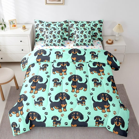 Erosebridal Animal Dachshund Bedding Queen Size,Kawaii Dog Bed in a Bag Queen size,Cartoon Decor,Reversible,Lightweight,7 Pieces
