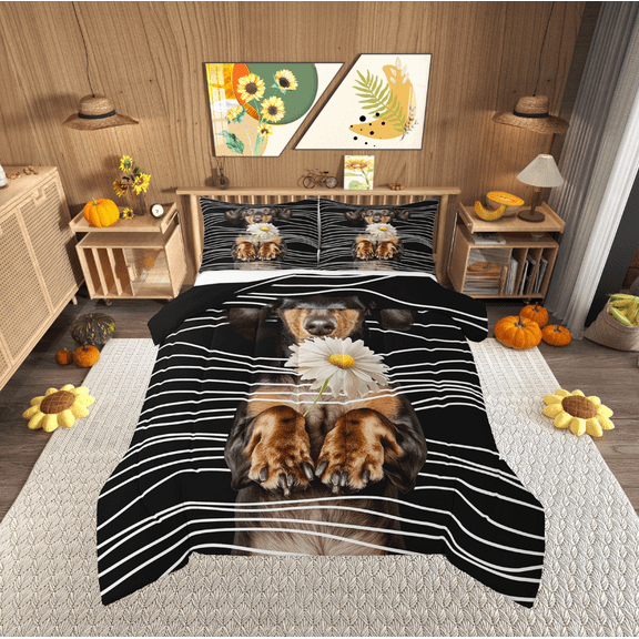 Erosebridal Animal Dachshund Bedding Twin Comforter Set,Geometric Stripes Down Comforter,Floral Daisy Bedding Sets Twin with Comforter,Ultra Soft Dog Room Decor,Reversible,2-Piece