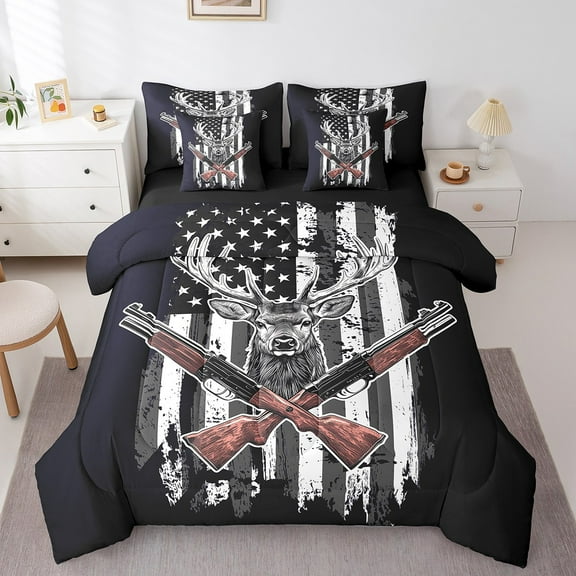 Erosebridal Animal Deer Bed in a Bag King size,Usa Flag Bedding King Size,Vintage Hunting Bed Set,Ultra Soft Splash Bedroom Decorative,Reversible,7 Pieces