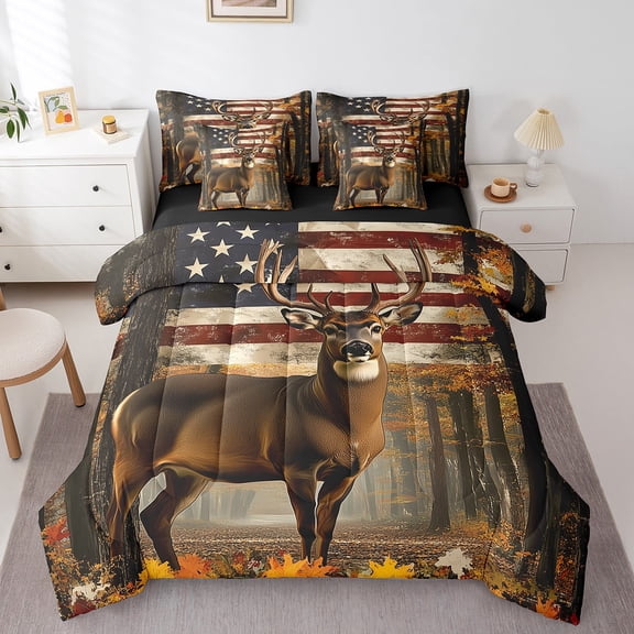 Erosebridal Animal Deer Bedding Queen Size,Botanical Plantss Bedding Sets Queen Size,American Flag Comforter Sets with Sheets,Breathable Vintage Room Decoration,Reversible,7 Pieces