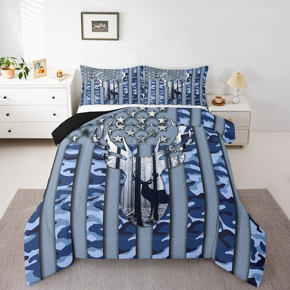 Erosebridal Animal Deer Comforter Sets Queen Size,Usa Flag Bedding Queen Comforter Set,Camouflage Decor,Reversible,3Pcs