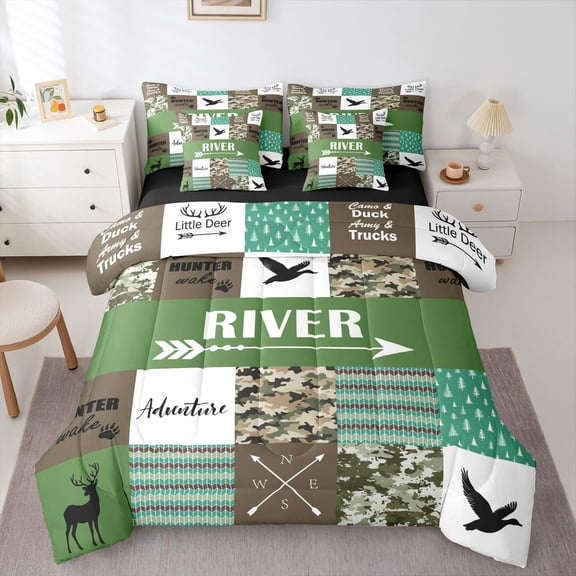 Erosebridal Animal Deer Mallard Duck Bedding Comforter Set 7pcs For Boys Girls,Teens River Life Camo Geometric Grid Queen Bedding Sets,Black Reversible