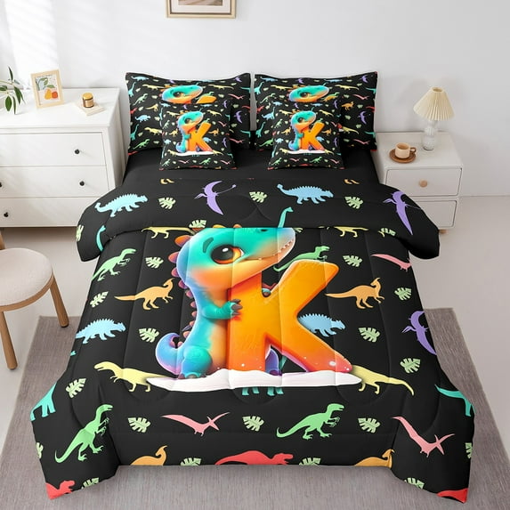 Erosebridal Animal Dinosaur Bedding King Size, Initial K Letter Bedding Sets King Size, Palm Plant Reversible Bed Set, Breathable Room Decor, 7 Pieces