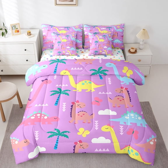 Erosebridal Animal Dinosaur Bedding Sets Twin Size,Cartoon Wildlife Comforter Sets with Sheets,Purple Yellow Bed in a Bag Twin size,Microfiber Kawaii Room Decoration,Reversible,7pcs