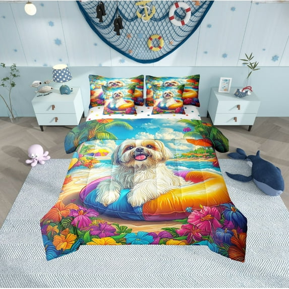 Erosebridal Animal Dog Bedding Sets Twin Size,Tropical Flower Comforter Sets with Sheets,Ocean Beach Bed in a Bag Twin size,Breathable Teenager Bedroom Decor,Reversible,7-Piece