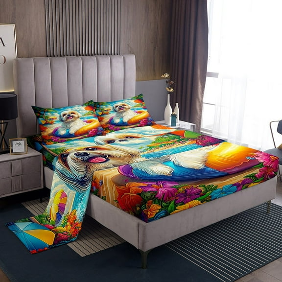 Erosebridal Animal Dog Sheet Set Twin,Tropical Flower Bedding Sets Twin Size,Ocean Beach Twin Sheet Sets,Breathable Teenager Bedroom Decor,3pcs