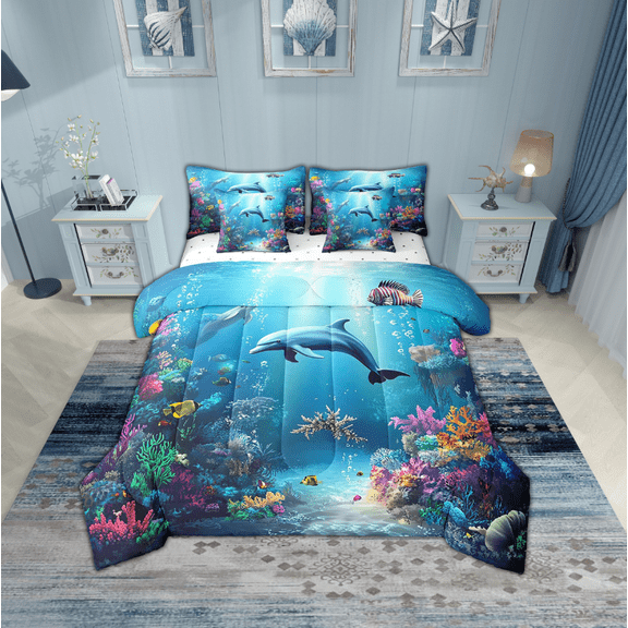 Erosebridal Animal Dolphin Bed in a Bag Full size,Underwater World Bed Set,Ocean Decoration,Reversible,Lightweight,7-Piece