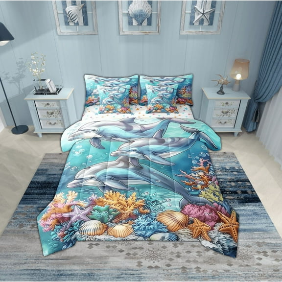 Erosebridal Animal Dolphin Bedding Sets Twin Size,Underwater World Comforter Sets with Sheets,Ocean Decoration,Reversible,Breathable,7pcs