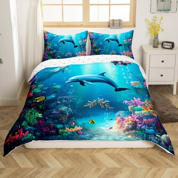 Erosebridal Animal Dolphin Comforter Cover Twin,Underwater World Bedding Twin Size,Ocean Decoration,Reversible,2-Piece(No Comforter)