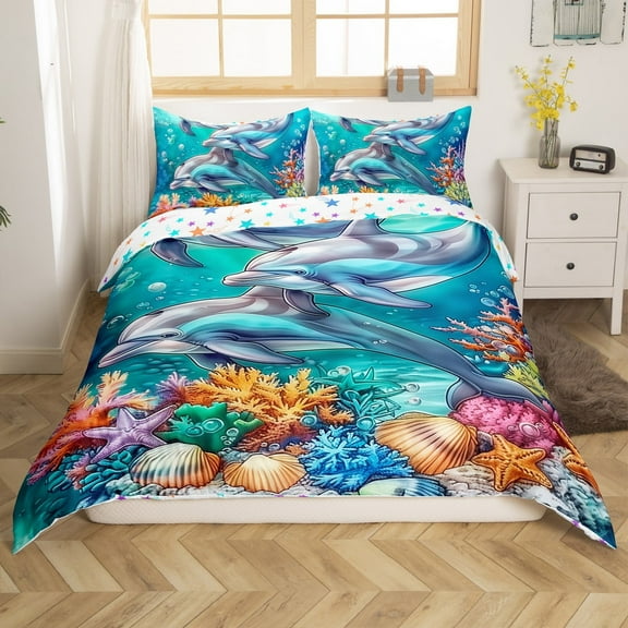 Erosebridal Animal Dolphin Comforter Cover Twin,Underwater World Bedding Twin Size,Ocean Decoration,Reversible,2-Piece(No Comforter)