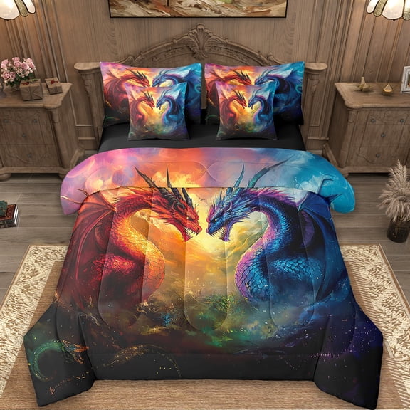 Erosebridal Animal Dragon Bed in a Bag Twin Size,Western Myth Bed Set,Graffiti Hippie Bedding Twin Size,Breathable Room Decor Reversible,7 Pieces