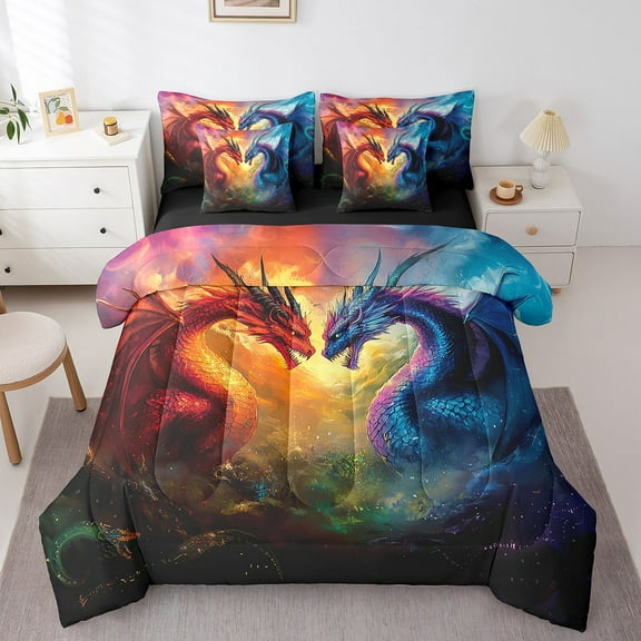 Erosebridal Animal Dragon Bed in a Bag Twin Size,Western Myth Bed Set,Graffiti Hippie Bedding Twin Size,Breathable Room Decor Reversible,7 Pieces