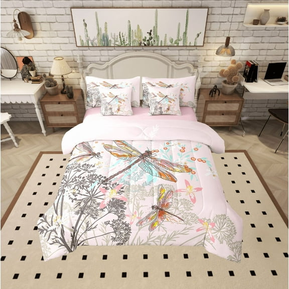 Erosebridal Animal Dragonfly Bedding Sets Twin Size,Mother'S Day Gifts Comforter Sets with Sheets,Pink Blue Bed in a Bag Twin size,Lightweight Flower Bedroom Decoration,Reversible,7-Piece