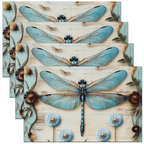 Erosebridal Animal Dragonfly Placemats Set of 4,Floral Table Mats for Dining Table Set of 4 12"x18",Mother's Day Room Decorative