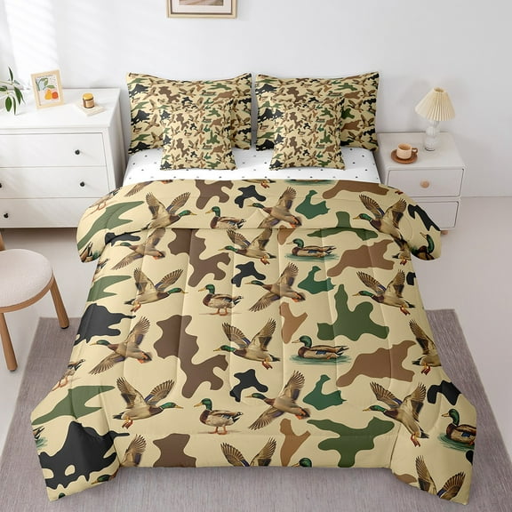 Erosebridal Animal Duck Bedding Sets Twin Size,Military Camouflage Comforter Sets with Sheets,Wildlife Decoration,Reversible,Breathable,7pcs