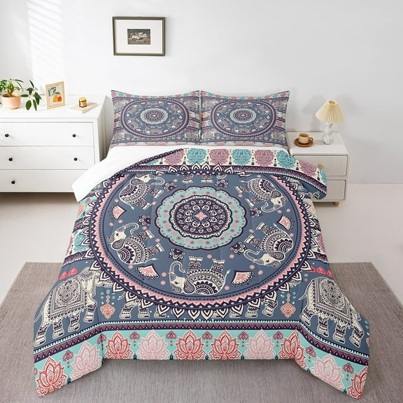 Erosebridal Animal Elephant Comforter Sets Queen Size,Boho Mandala Bedding Queen Comforter Set,Bohemian Room Decorative,3Pcs
