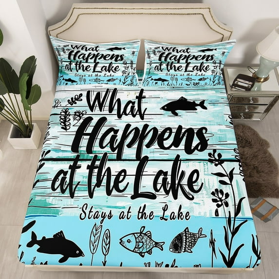 Erosebridal Animal Fish Fitted Sheet Full,Vintage River House Bedding Set Full Size,Lodge Cabin Decor,Lightweight,3-Piece(No Top Sheet)