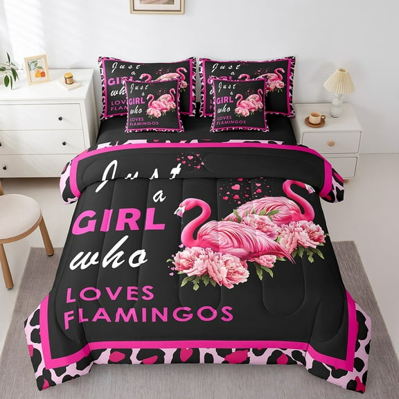 Erosebridal Animal Flamingo Bedding Sets Twin Size,Pink Flower Comforter Sets with Sheets,Abstract Decoration,Reversible,Lightweight,7-Piece