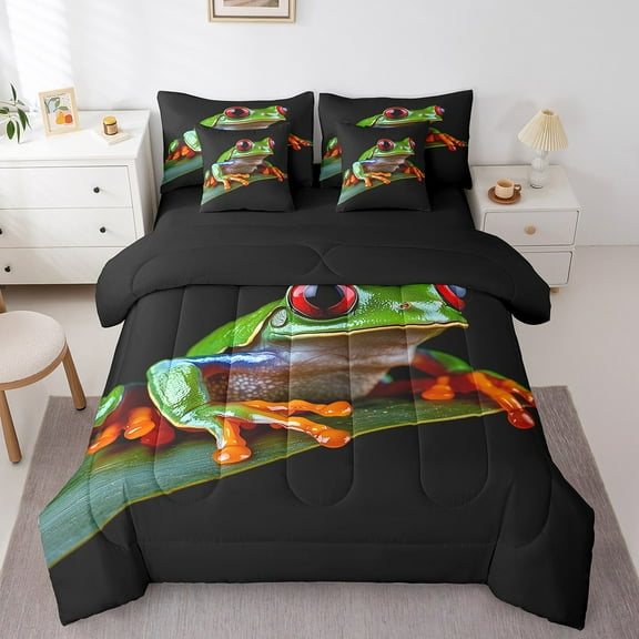 Erosebridal Animal Frog Bed in a Bag Full size,Woodland Wildlife Bed Set,Green Black Bedding Full Size,Lightweight Safari Room Decor,Reversible,7-Piece