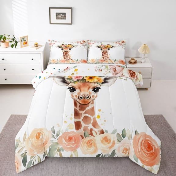 Erosebridal Animal Giraffe Comforter Sets Queen Size,Rose Flower Bedding Queen Comforter Set,Floral Wildlife Comforters & Duvets,Lightweight Child Bedroom Decor,Reversible,3-Piece