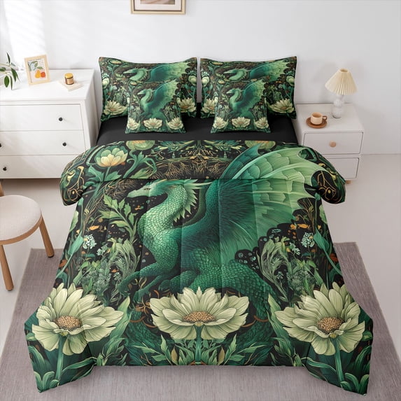 Erosebridal Animal Green Dragon Twin Bedding Sets 7-Piece For Boys Girls,Vintage Flowers Bedding Comforter Set For Kids Teens,Black Reversible
