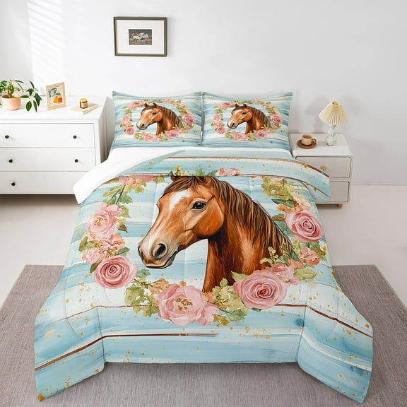 Erosebridal Animal Horse Bedding Sets Full with Comforter,Rustic Farmhouse Duvet Insert,Floral Decor,Ultra Soft,3pcs