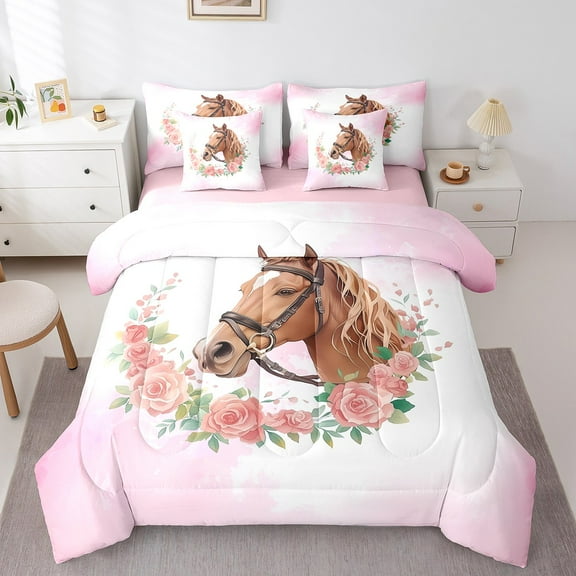 Erosebridal Animal Horse Bedding Sets Twin Size,Pink Flower Comforter Sets with Sheets,Gradient Ombre Bed in a Bag Twin size,Lightweight Girls Bedroom Decor,Reversible,7pcs