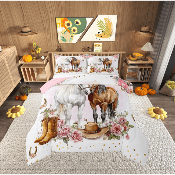 Erosebridal Animal Horse Bedding Twin Comforter Set,Western Cowgirl Down Comforter,Pink Flower Bedding Sets Twin with Comforter,Lightweight Female Bedroom Decor,Reversible,2-Piece